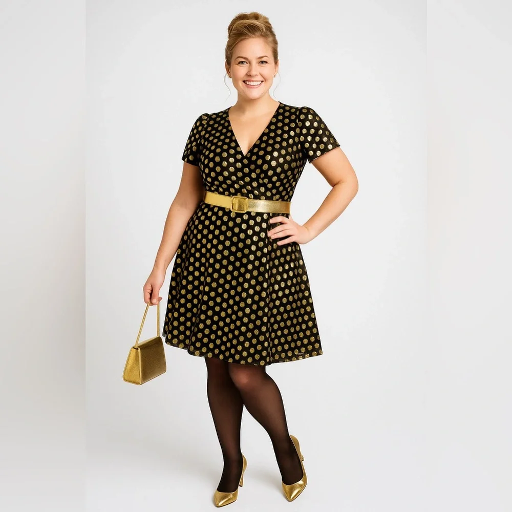 Torrid Black Polkadot Gold Flutter Sleeve Mini Dress, Large, NWT! - Picture 3 of 16